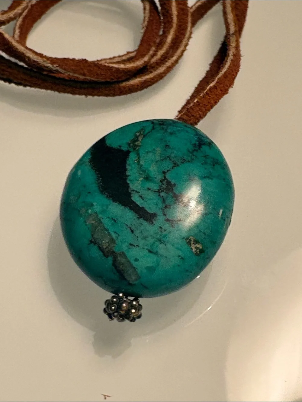 vintage brown leather corded tibetan chunky turquoise nugget pendant